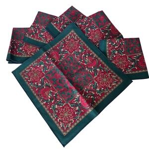 Christmas Fabric Napkins Set 6 Poinsettia Holiday Red Green Gold Block Printed